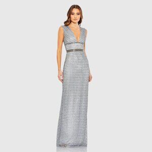 NWT Mac Duggal Beaded Cap Sleeve V Neck Column Gown Silver 4 #9871